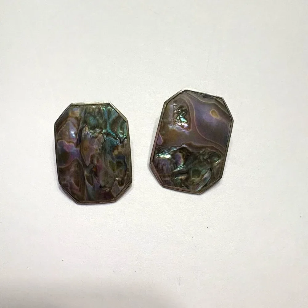 Vintage Alpaca Mexico Abalone Clip on Earrings Purple Green Blue Costume Jewelry